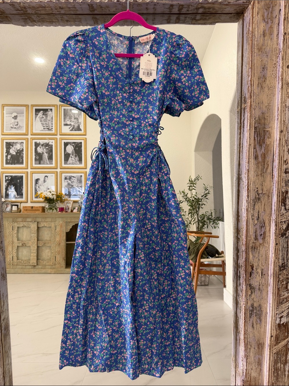 Reformation Blue Floral Midi Dress with Pink & Green Print